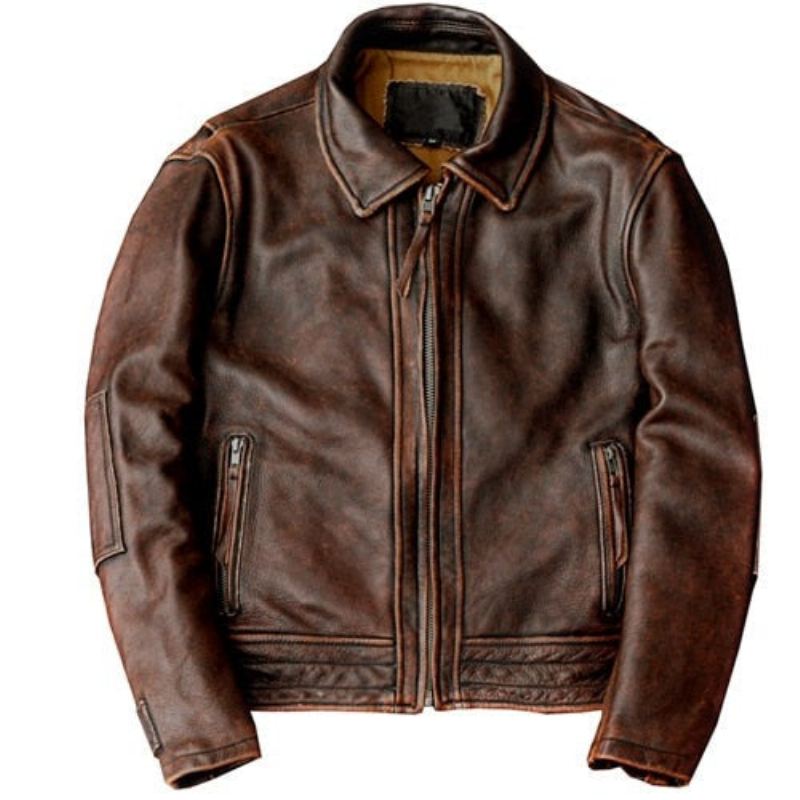 Stil Jakke I Ekte Skinn Vintage Brun Okseskinn Biker For Menn - Brun