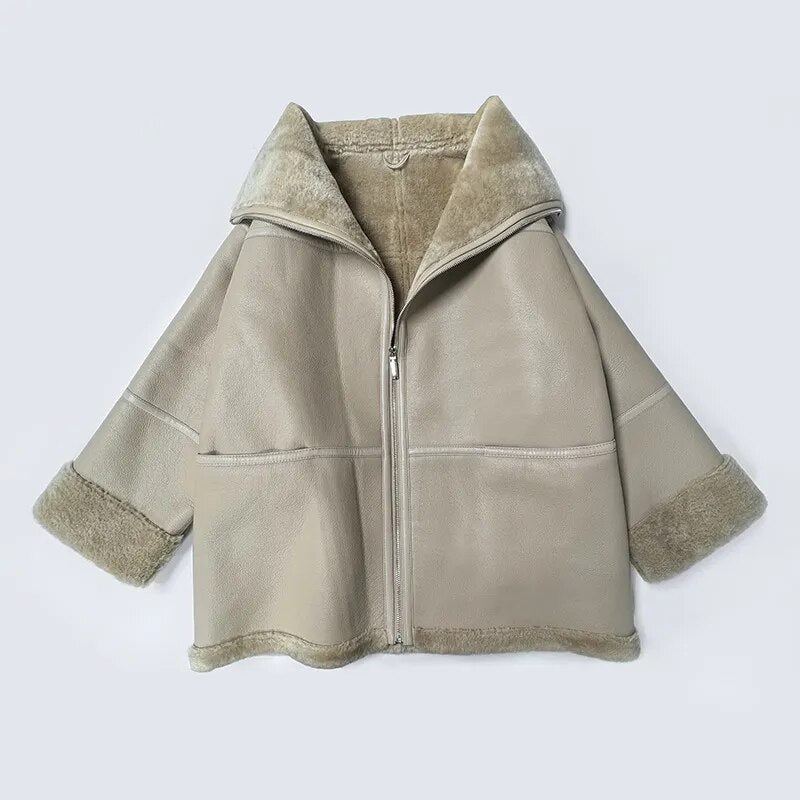 Vinter Damejakke Pelsjakke Fullermer Casual Oversize Hold Varm Pelsskinnjakke - Khaki