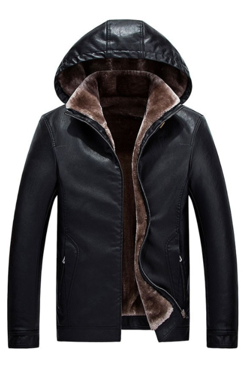 Vinter Herre Skinn Avtakbare Hettejakker Varm Fleece Tykk Vindtett Slank Glidelås Flue Mannlige Biker Coats