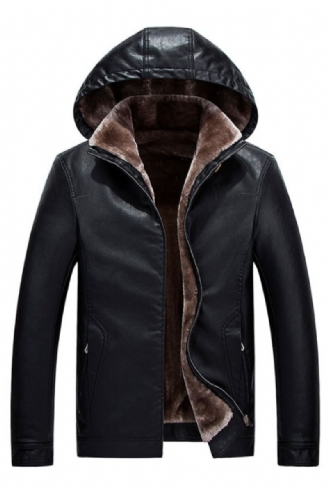 Vinter Herre Skinn Avtakbare Hettejakker Varm Fleece Tykk Vindtett Slank Glidelås Flue Mannlige Biker Coats