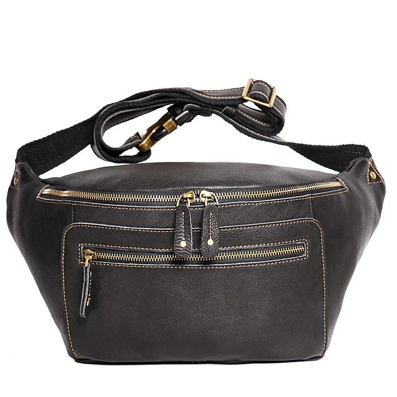 Cross-border Menns Skinn Fanny Pack Crossbody Bag Enkel Skulder Bag Utendørs Ride Bryst Bag - Mørkebrun