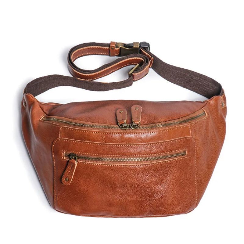 Cross-border Menns Skinn Fanny Pack Crossbody Bag Enkel Skulder Bag Utendørs Ride Bryst Bag - Mørkebrun