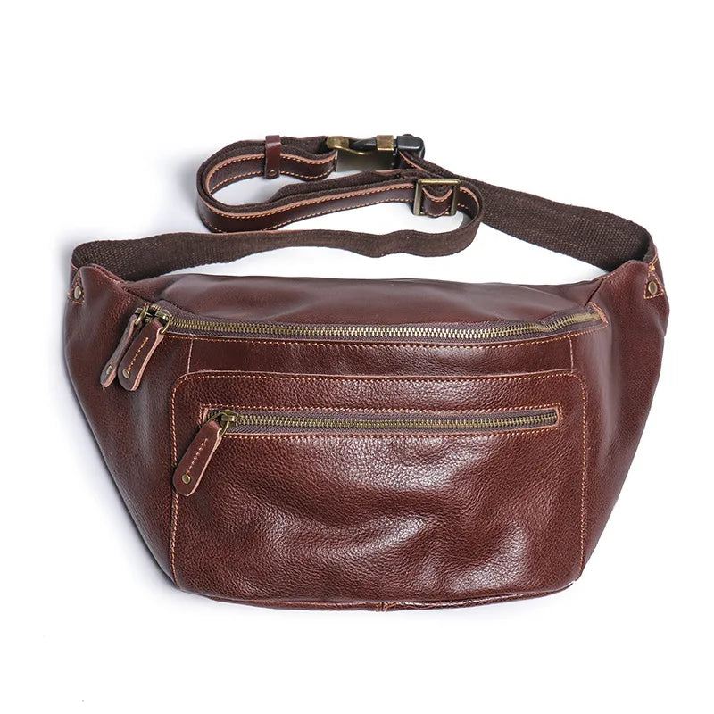 Cross-border Menns Skinn Fanny Pack Crossbody Bag Enkel Skulder Bag Utendørs Ride Bryst Bag - Mørkebrun