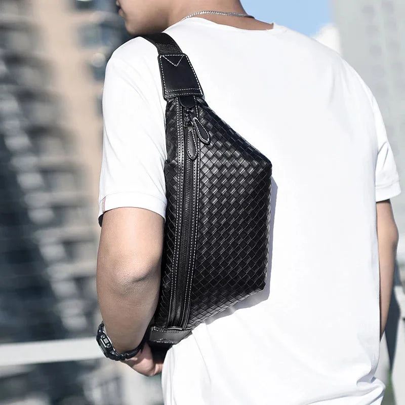 Designer Midjevesker For Menn Weave Chest Pack Casual Fanny Money Phone Bag Luksus Skulderbelteveske - Svart