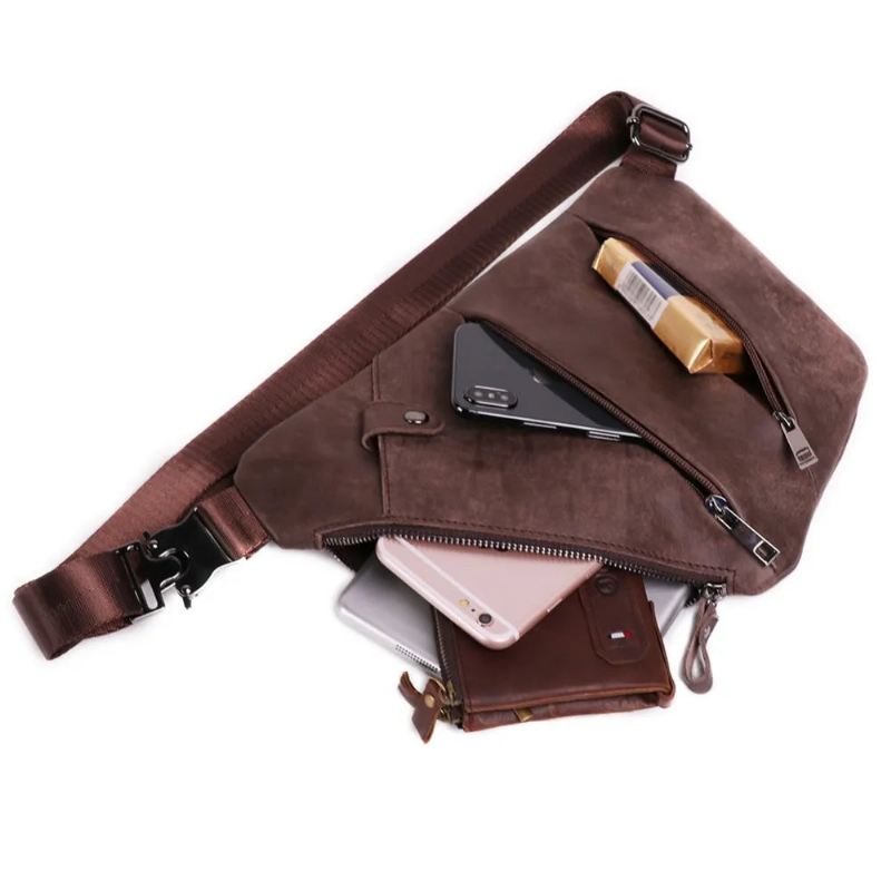 Ekte Lær Menn Messenger Bag Casual Crossbody Bag Herre Håndveske Brystveske Mannlig Skulderveske - Svart