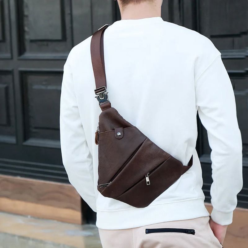 Ekte Lær Menn Messenger Bag Casual Crossbody Bag Herre Håndveske Brystveske Mannlig Skulderveske - Svart