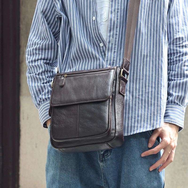 Ekte Lær Menn Vintage Håndvesker Klaff Herre Skuldervesker Casual Messenger Bags Crossbody Bag - Kaffe