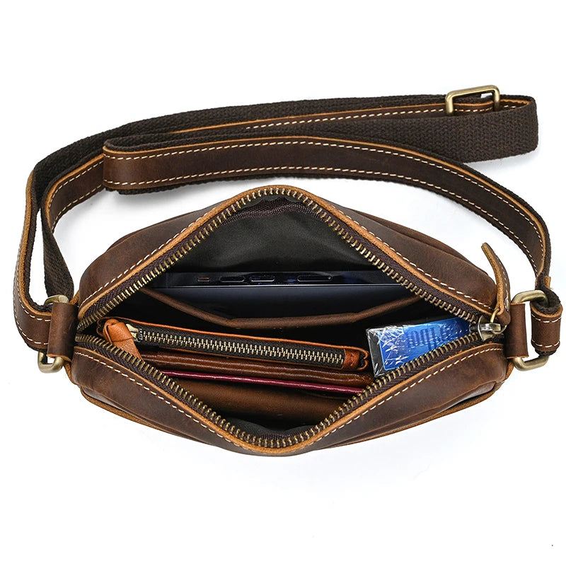 Ekte Skinn Herre Skulderveske Vintage Messenger Bag Mini Crossbody Bag - Mørk Brun