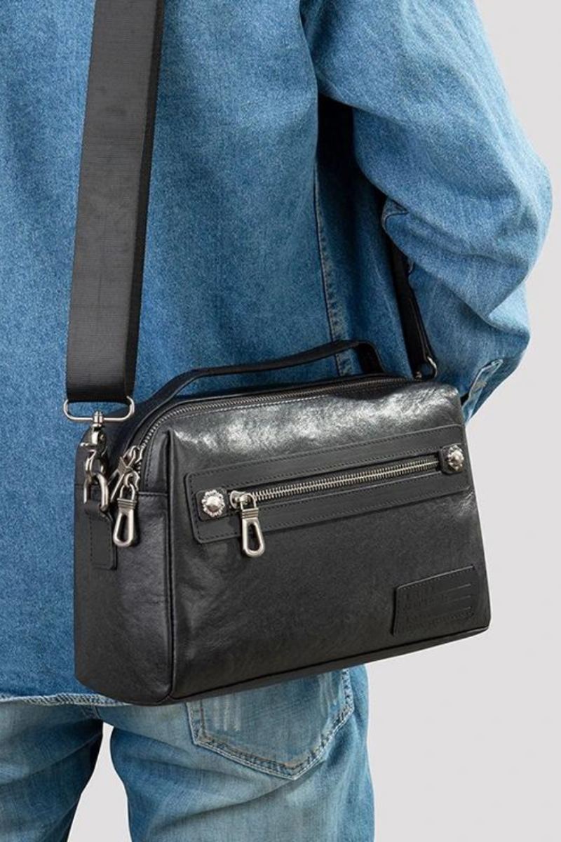 Ekte Skinn Herreveske Mykt Kvinner Skulderveske Casual Crossbody Bag Koffert Svart