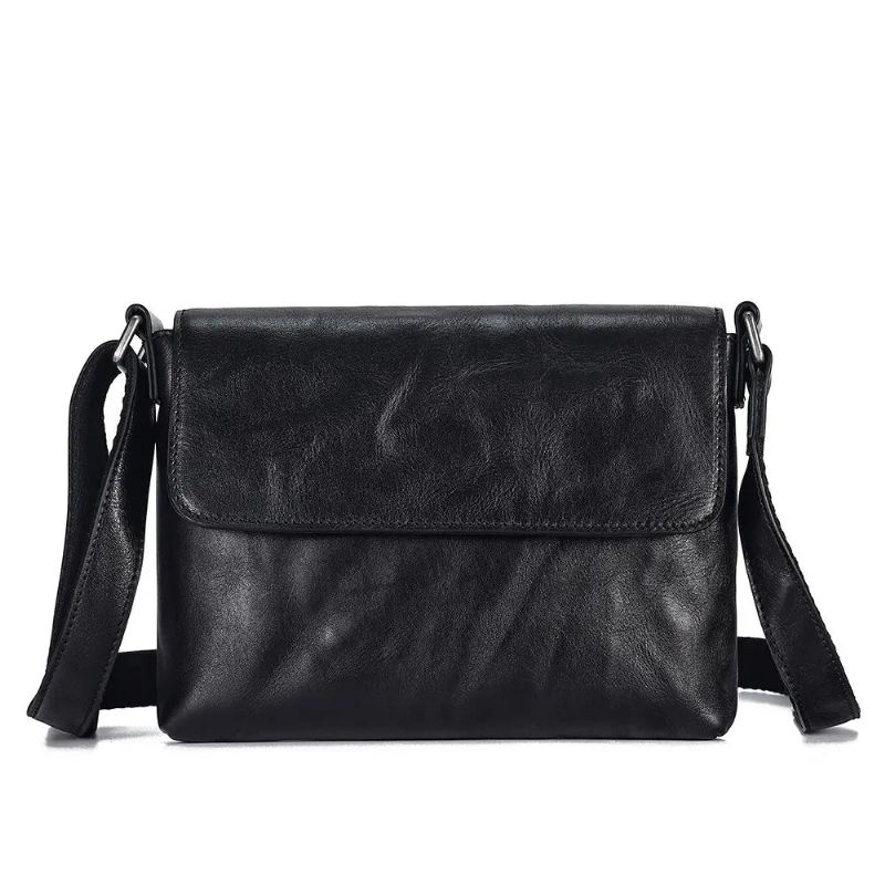 Ekte Skinn Menn Crossbody Bag Klaff Skuldervesker Svart Liten Messenger Bag Arbeid - Svart