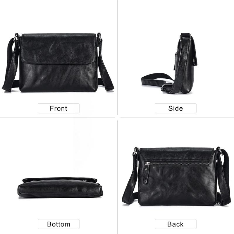 Ekte Skinn Menn Crossbody Bag Klaff Skuldervesker Svart Liten Messenger Bag Arbeid - Svart