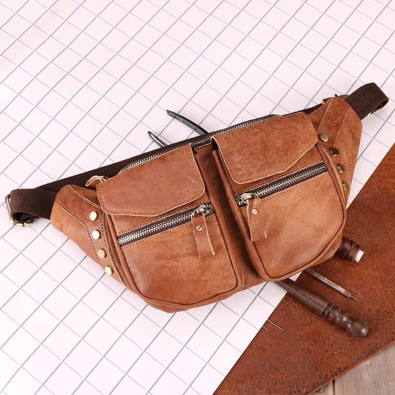 Ekte Skinn Menn Messenger Bag Casual Crossbody Bag Håndveske Mann Reise Skulder Brystveske - Brun