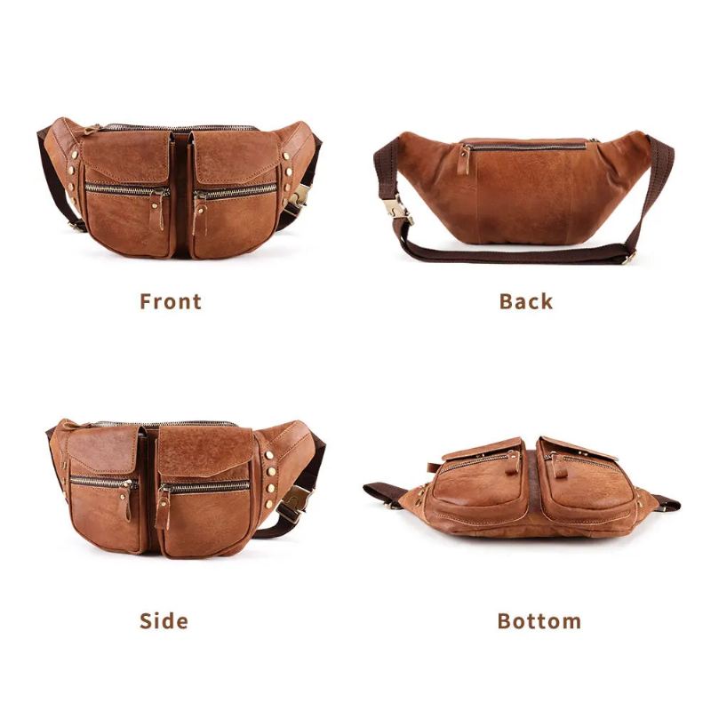 Ekte Skinn Menn Messenger Bag Casual Crossbody Bag Håndveske Mann Reise Skulder Brystveske - Brun