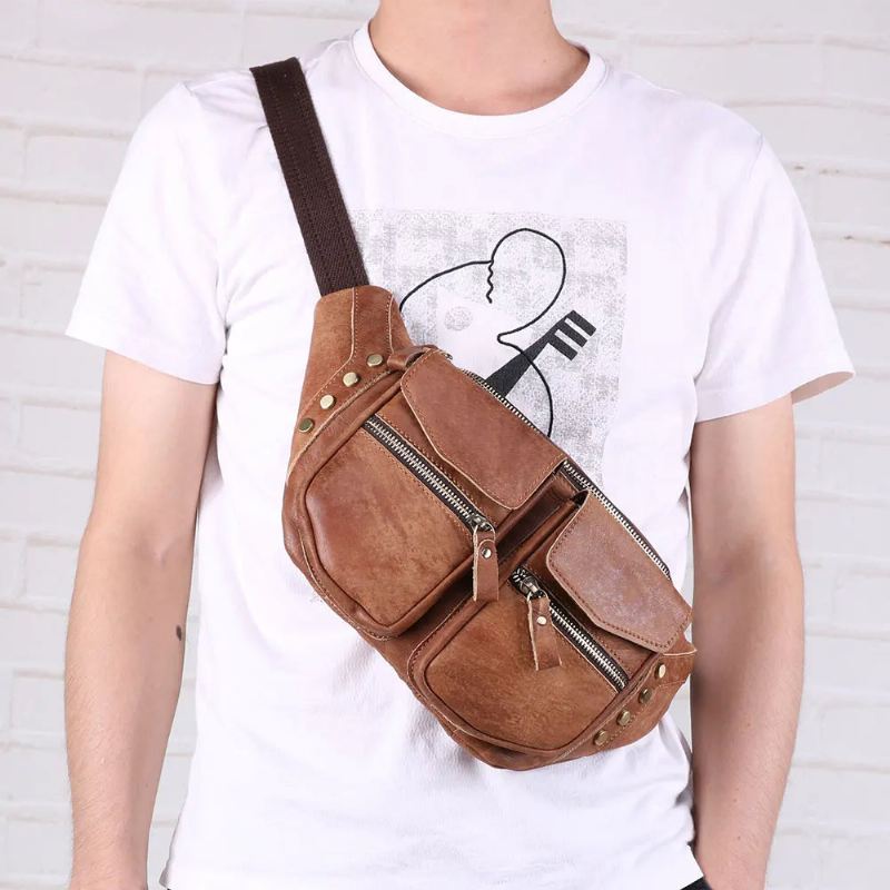 Ekte Skinn Menn Messenger Bag Casual Crossbody Bag Håndveske Mann Reise Skulder Brystveske - Brun