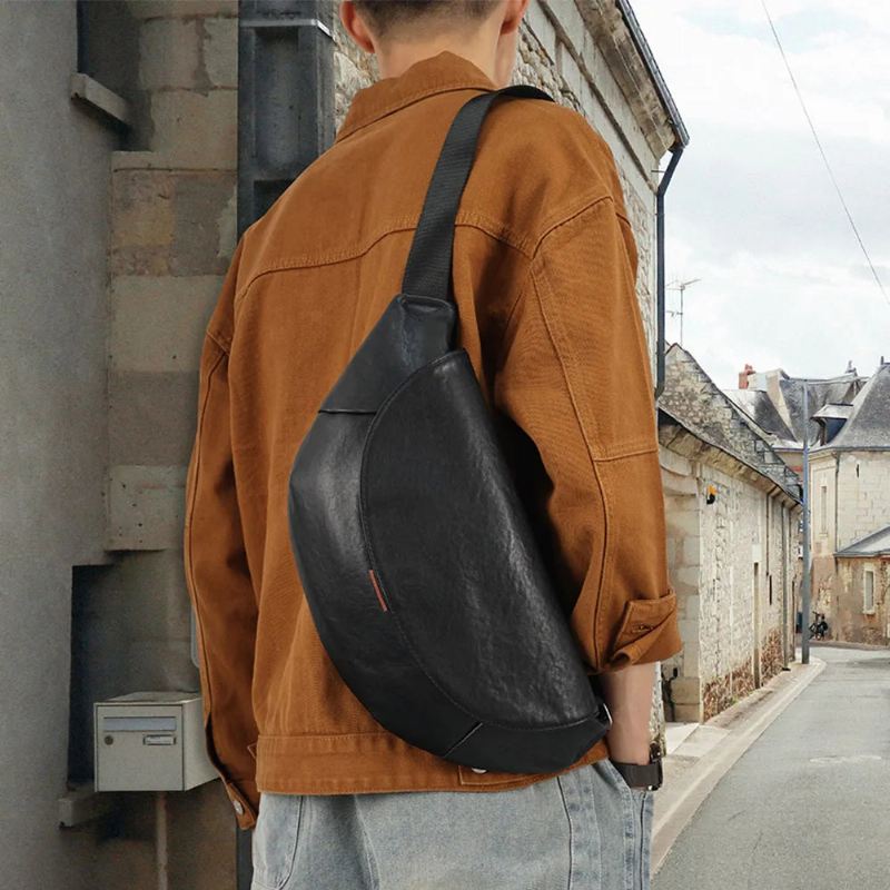 Menn Ekte Skinnveske Crossbody-veske For Mannlige Reiseslynge Brystpakker Messenger-vesker - Svart