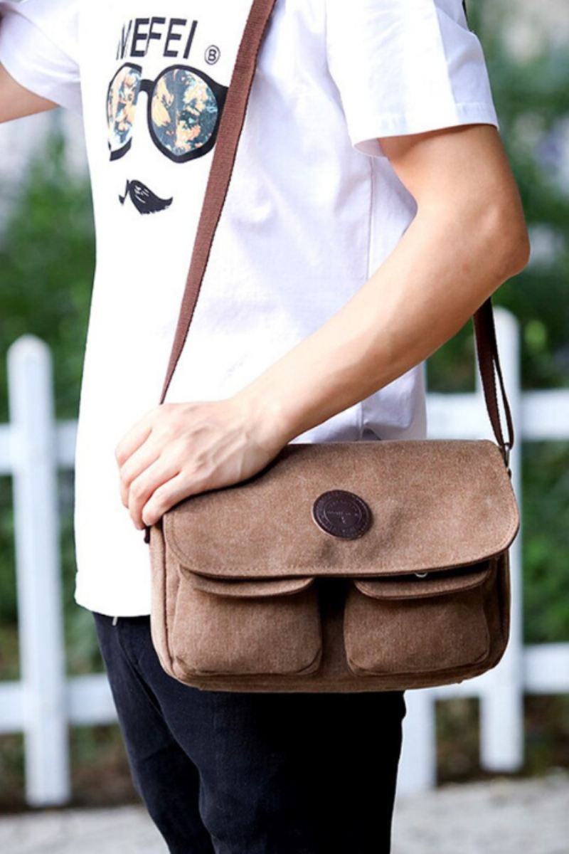 Menn Messenger Bags Lerret Skulderveske Casual Style Satchels Solid Crossbody Bag Retro Små Vesker - Svart