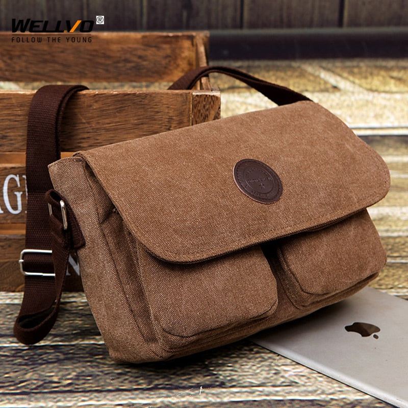 Menn Messenger Bags Lerret Skulderveske Casual Style Satchels Solid Crossbody Bag Retro Små Vesker - Svart