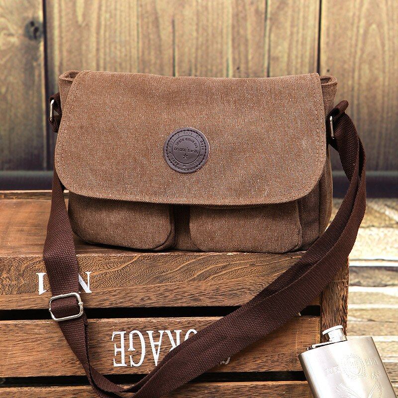 Menn Messenger Bags Lerret Skulderveske Casual Style Satchels Solid Crossbody Bag Retro Små Vesker - Svart