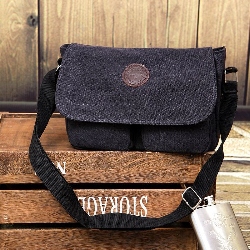 Menn Messenger Bags Lerret Skulderveske Casual Style Satchels Solid Crossbody Bag Retro Små Vesker - Svart