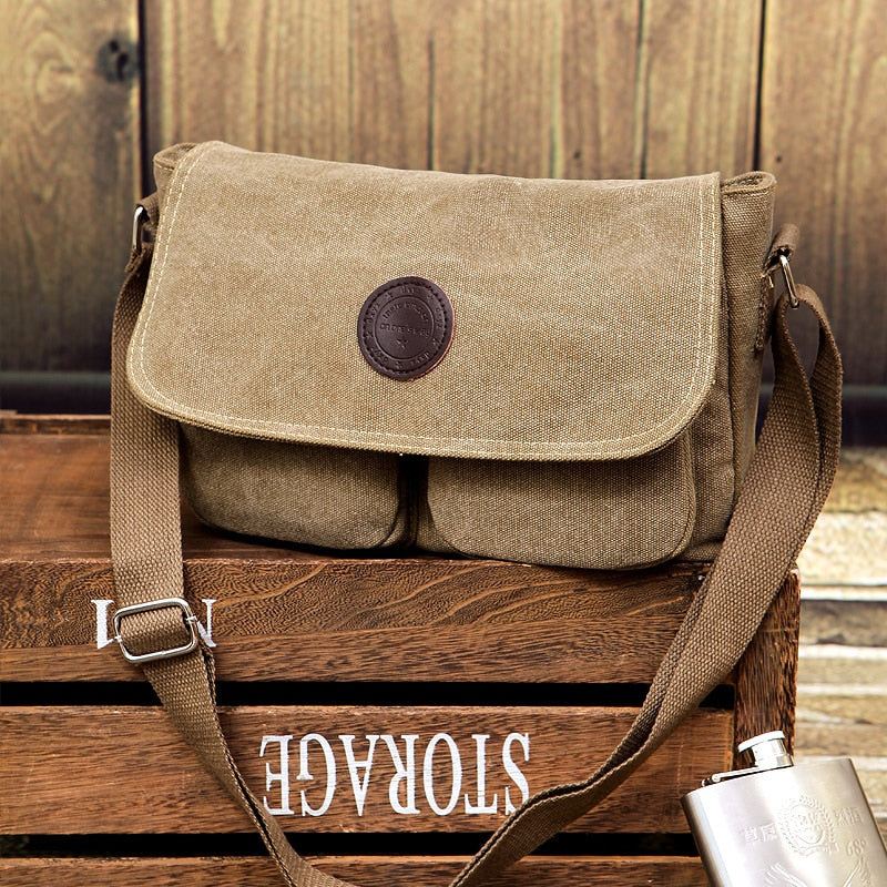 Menn Messenger Bags Lerret Skulderveske Casual Style Satchels Solid Crossbody Bag Retro Små Vesker - Svart