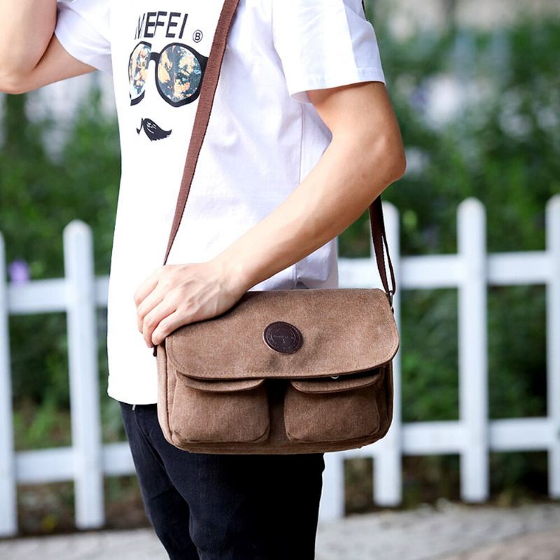 Menn Messenger Bags Lerret Skulderveske Casual Style Satchels Solid Crossbody Bag Retro Små Vesker - Svart