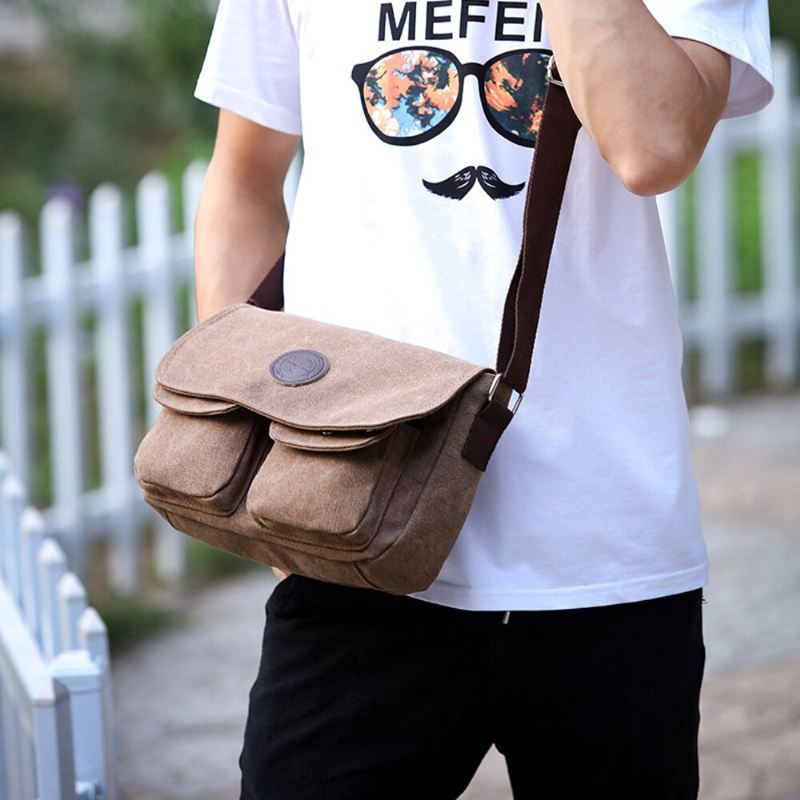 Menn Messenger Bags Lerret Skulderveske Casual Style Satchels Solid Crossbody Bag Retro Små Vesker - Svart