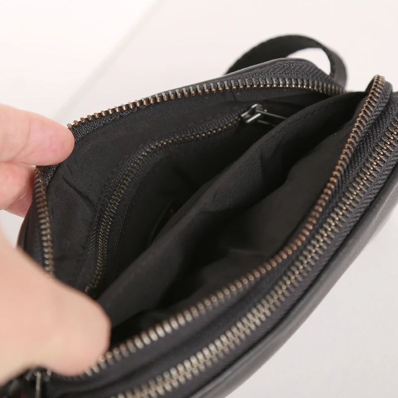 Midjepakker Herre Brystvesker I Ekte Skinn Topp Håndlaget Small Messenger Crossbody Bag Mini Travel - Svart