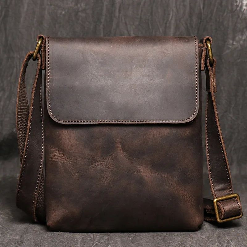 Vintage Skulderveske Enkel Crossbody-veske Ekte Skinn Herreveske Med Stor Kapasitet Ipad-veske - Mørkebrun