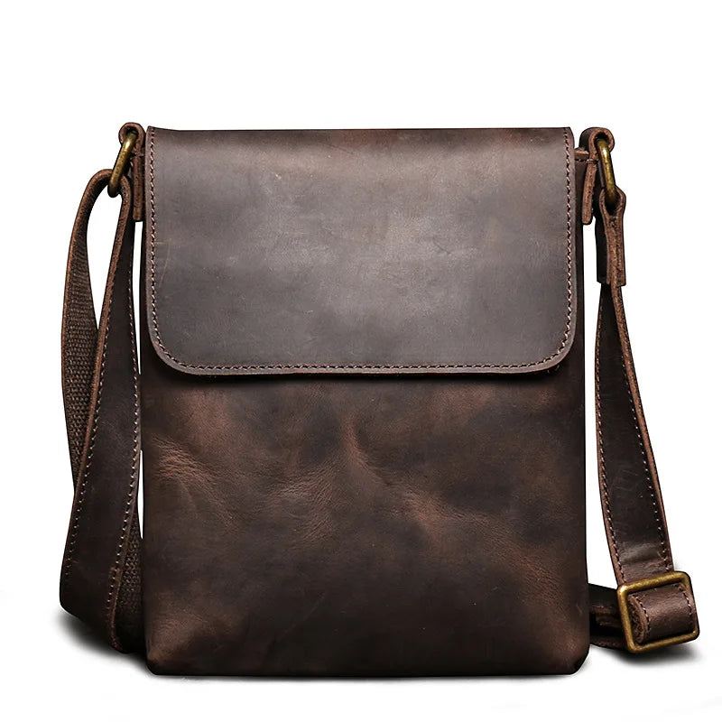 Vintage Skulderveske Enkel Crossbody-veske Ekte Skinn Herreveske Med Stor Kapasitet Ipad-veske - Mørkebrun