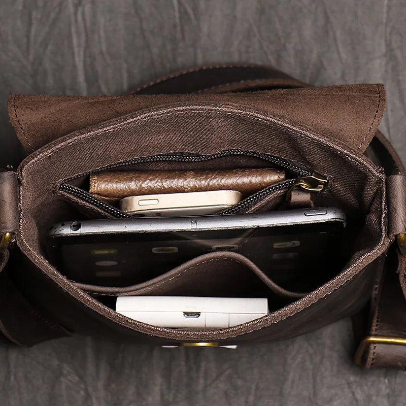 Vintage Skulderveske Enkel Crossbody-veske Ekte Skinn Herreveske Med Stor Kapasitet Ipad-veske - Mørkebrun