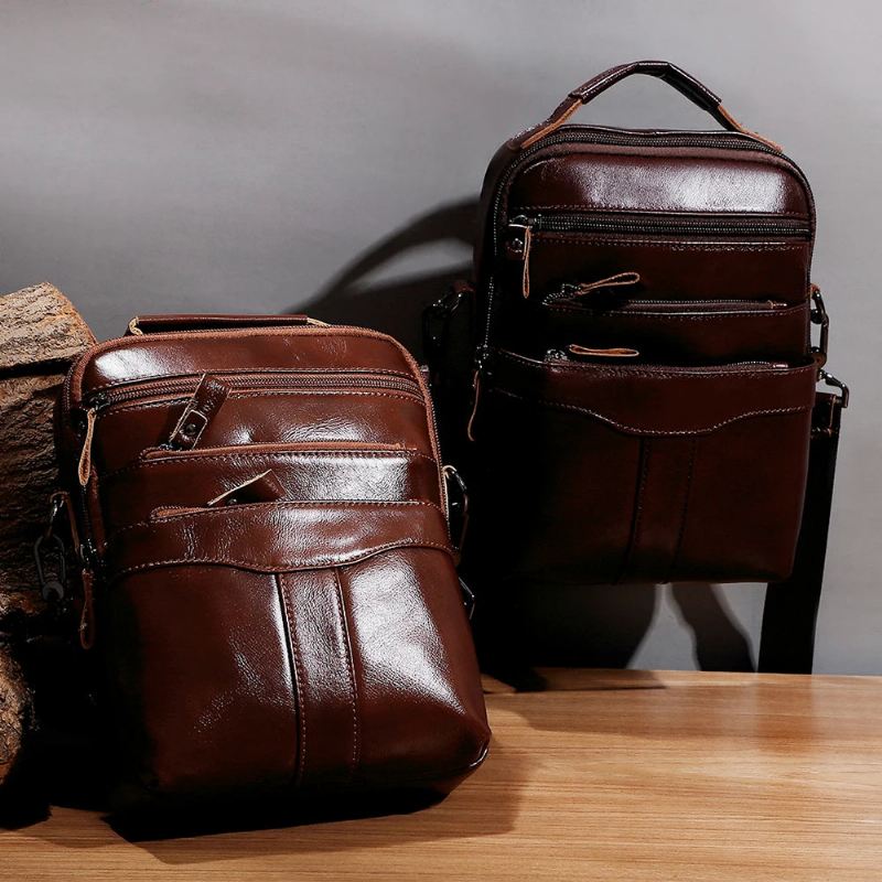 Vintage Skulderveske I Ekte Skinn For Menn Uformelt Håndveske For Crossbody Messenger-vesker For I Naturskinn - Brun