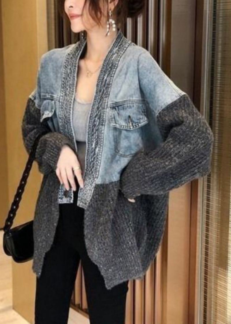 2024 Høst Vinter Ny Loose Fit Denim Spleised Knitted Cardigan Coat