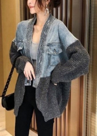 2024 Høst Vinter Ny Loose Fit Denim Spleised Knitted Cardigan Coat