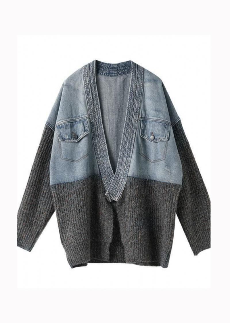 2024 Høst Vinter Ny Loose Fit Denim Spleised Knitted Cardigan Coat - Cardigans for kvinner