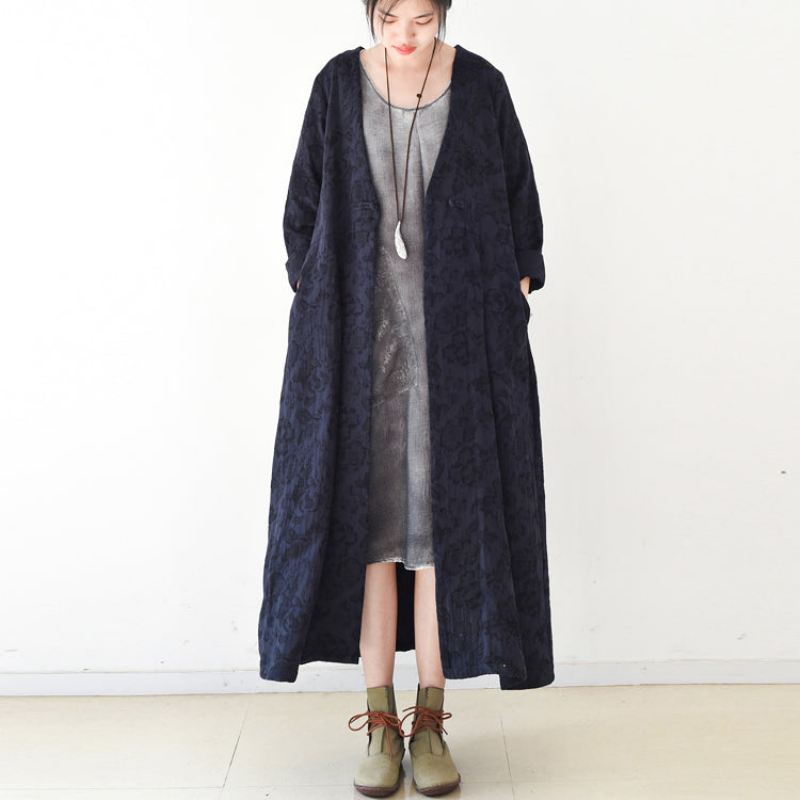 2024 Høsttrend Navy Jacquard Lin Frakker Lang Maxi Frakk V-hals Casual Cardigan