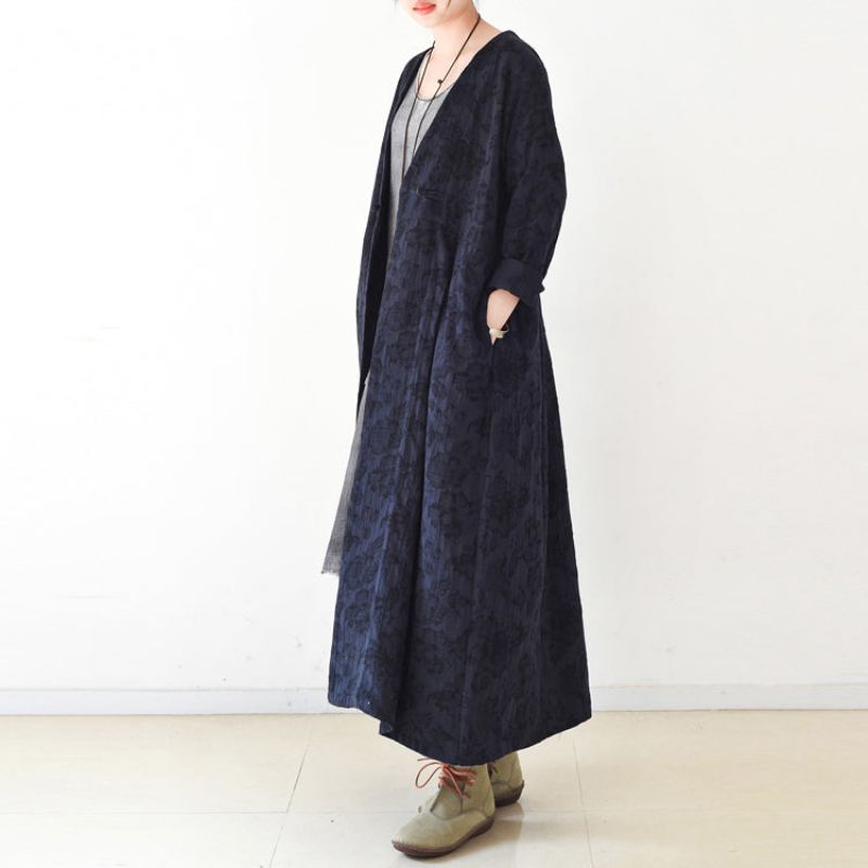 2024 Høsttrend Navy Jacquard Lin Frakker Lang Maxi Frakk V-hals Casual Cardigan - Cardigans for kvinner