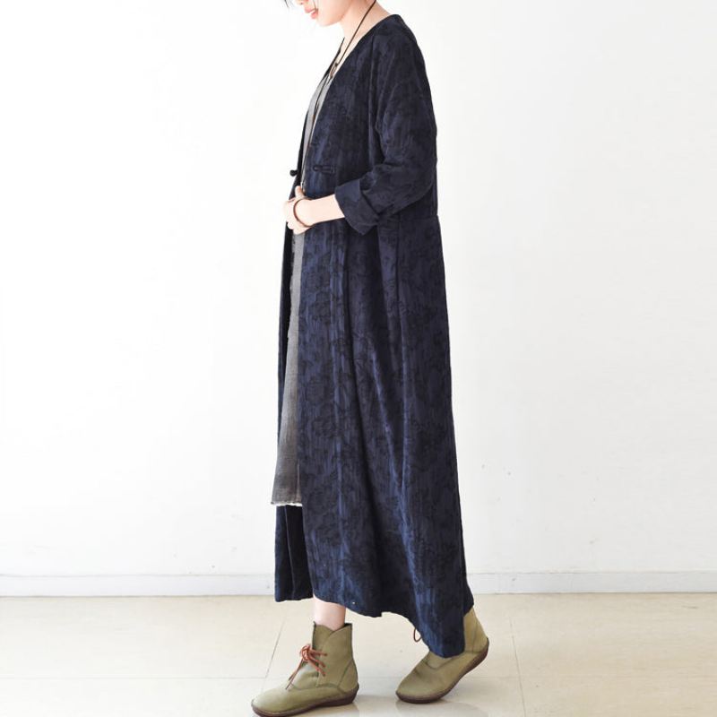 2024 Høsttrend Navy Jacquard Lin Frakker Lang Maxi Frakk V-hals Casual Cardigan - Cardigans for kvinner