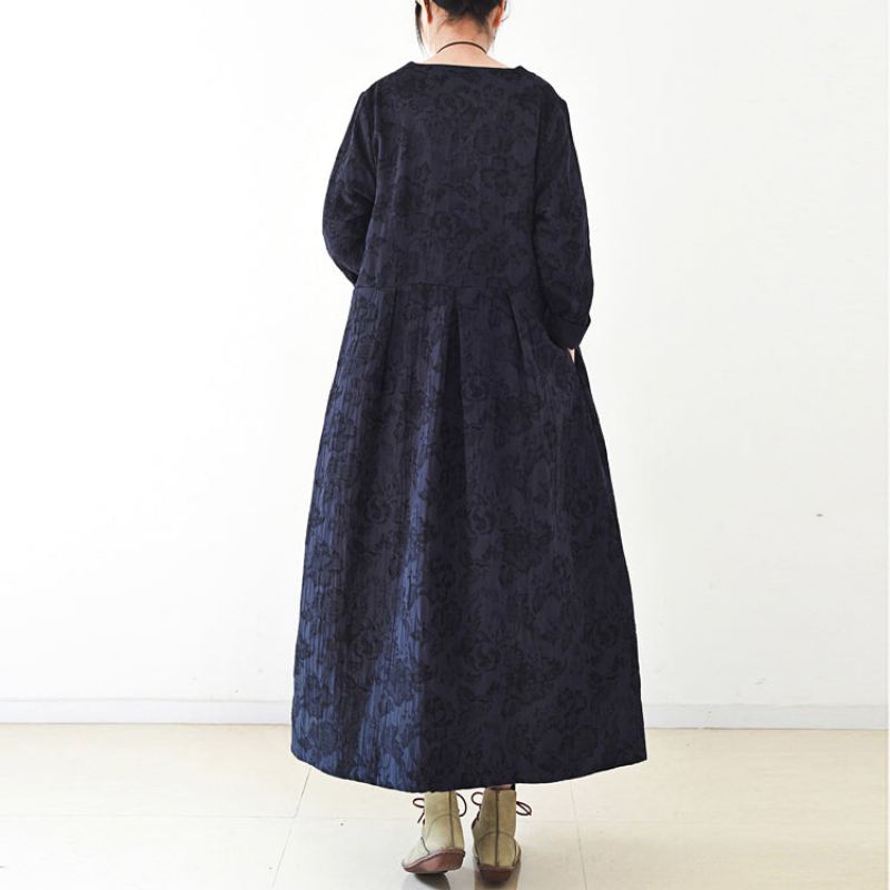 2024 Høsttrend Navy Jacquard Lin Frakker Lang Maxi Frakk V-hals Casual Cardigan - Cardigans for kvinner