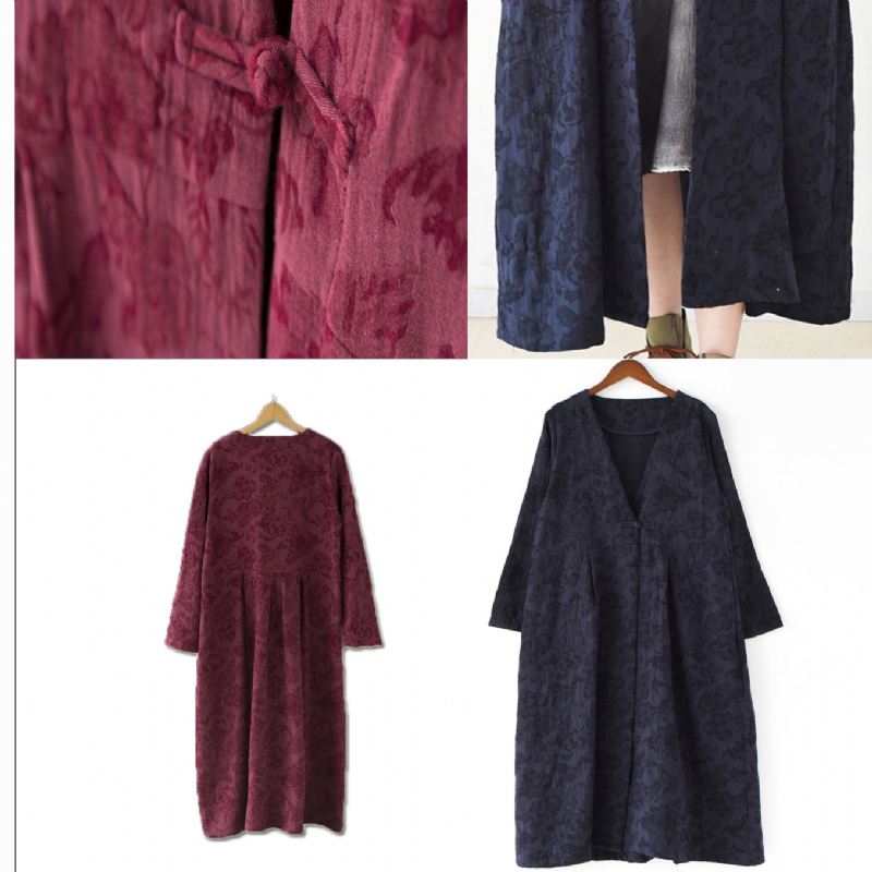 2024 Høsttrend Navy Jacquard Lin Frakker Lang Maxi Frakk V-hals Casual Cardigan - Cardigans for kvinner