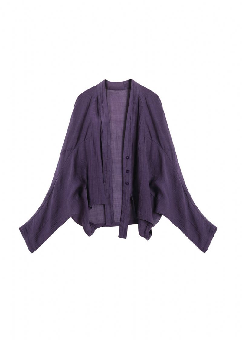 2024 Nye Originale Lilla V-hals Cardigan Flaggermusermer I Lin - Cardigans for kvinner