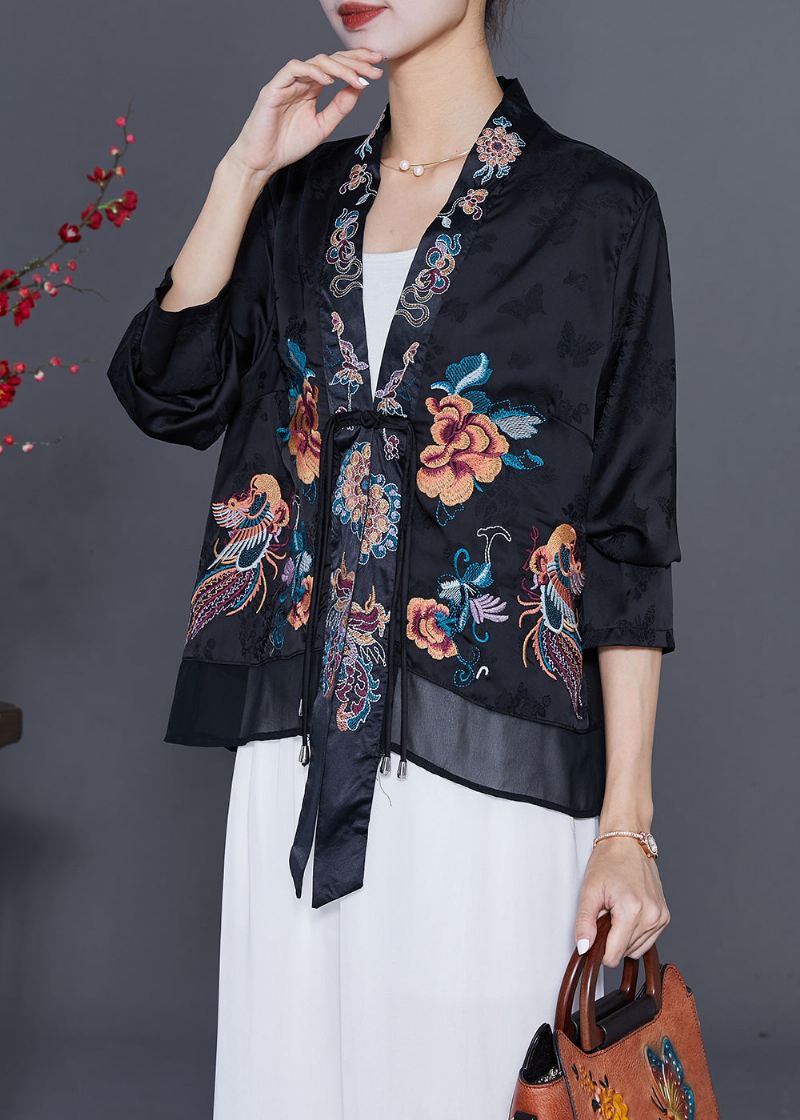 Art Black Brodered Chinese Button Tassel Silk Cardigan Fall