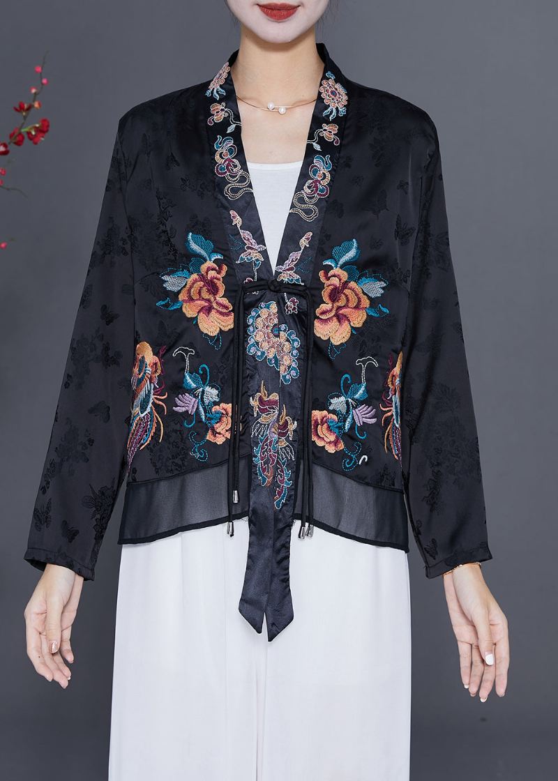 Art Black Brodered Chinese Button Tassel Silk Cardigan Fall - Cardigans for kvinner