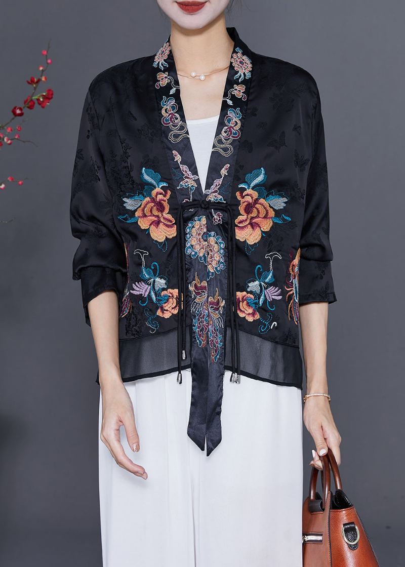 Art Black Brodered Chinese Button Tassel Silk Cardigan Fall - Cardigans for kvinner