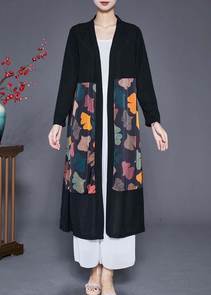 Art Black Oversized Patchwork Leaf Print Silke Cardigan Fall - Cardigans for kvinner