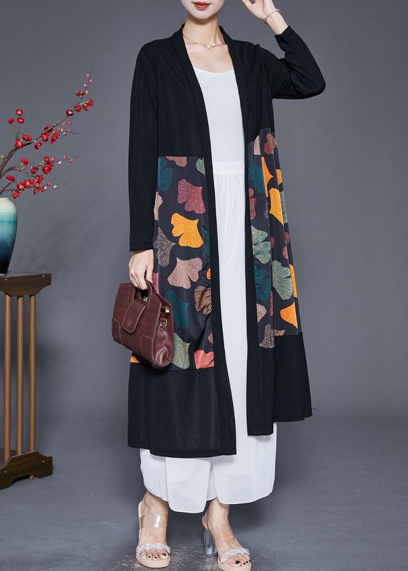 Art Black Oversized Patchwork Leaf Print Silke Cardigan Fall - Cardigans for kvinner