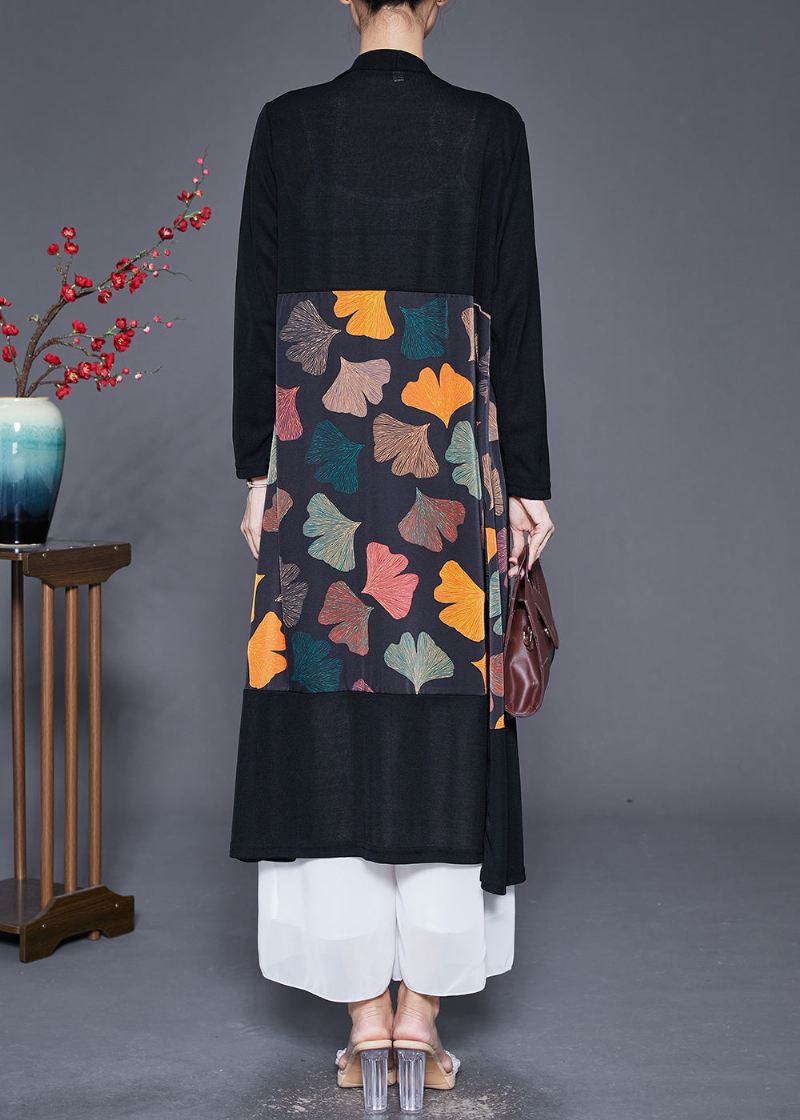 Art Black Oversized Patchwork Leaf Print Silke Cardigan Fall - Cardigans for kvinner