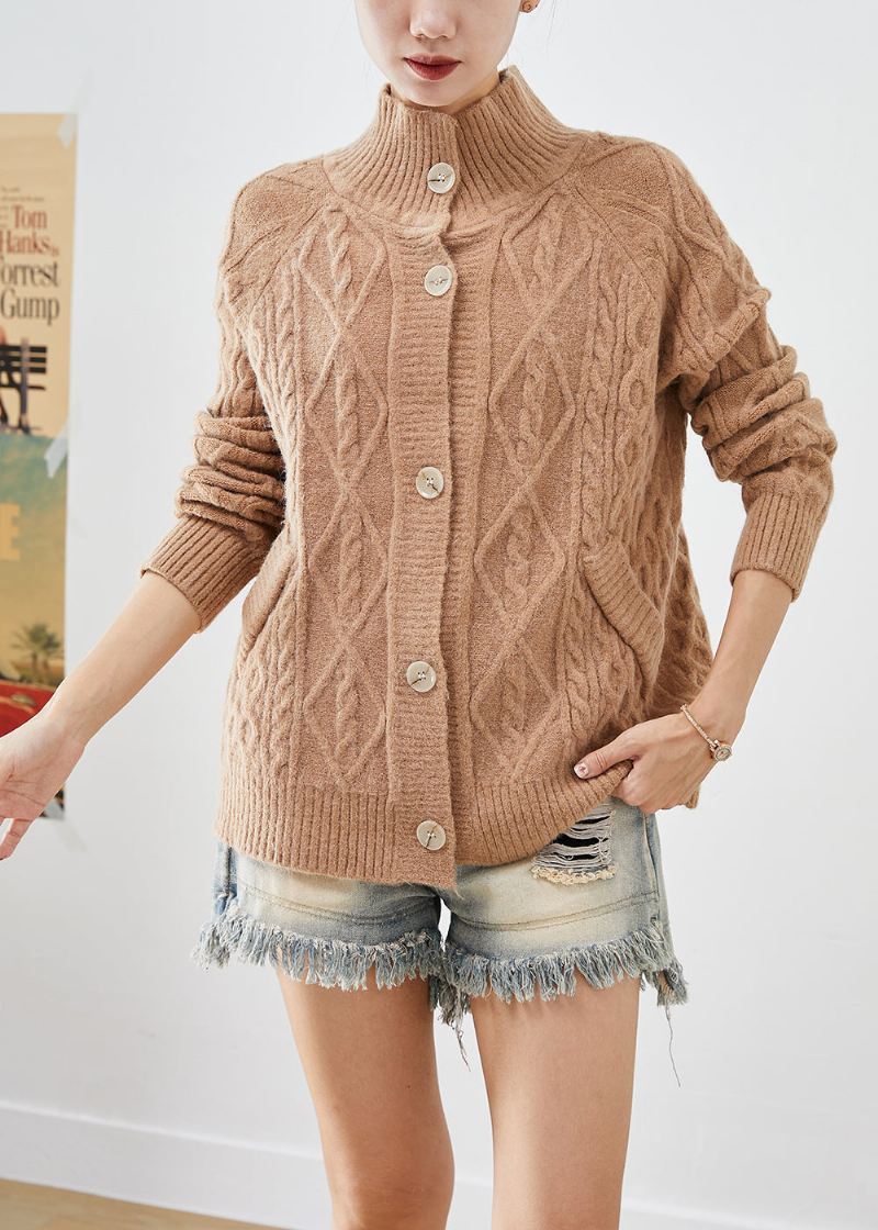 Art Khaki High Neck Button Down Varm Cable Knit Cardigan Fall