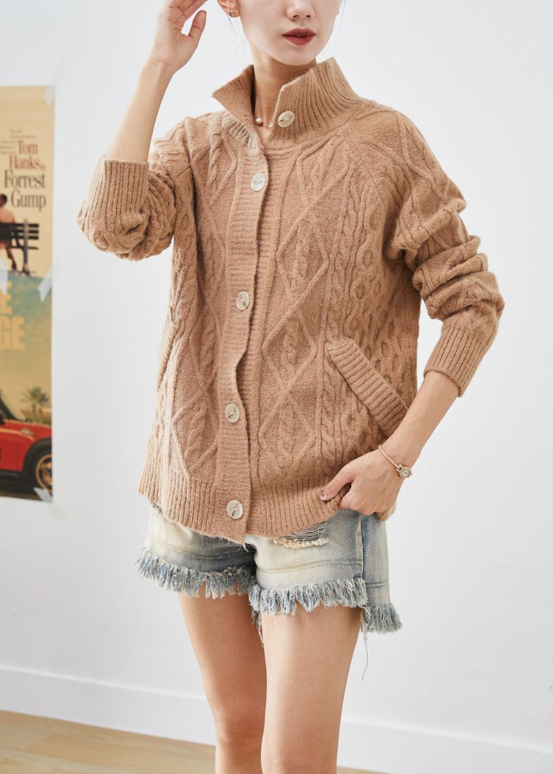 Art Khaki High Neck Button Down Varm Cable Knit Cardigan Fall - Cardigans for kvinner