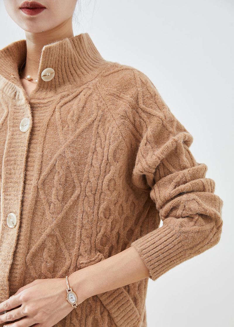 Art Khaki High Neck Button Down Varm Cable Knit Cardigan Fall - Cardigans for kvinner