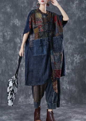 Art Navy Oversized Patchwork Kinesisk Button Denim Cardigans Sommer